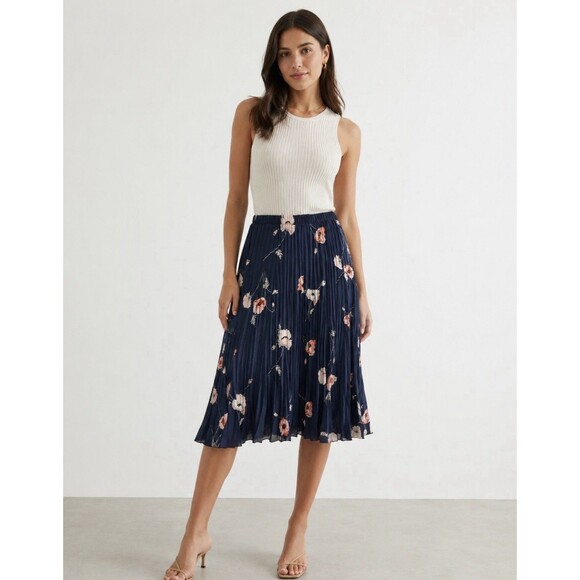 Vince Dresses & Skirts - VINCE Tossed Poppy Pleated Midi Skirt in Marine Navy Blue Floral Size M Boho #6
